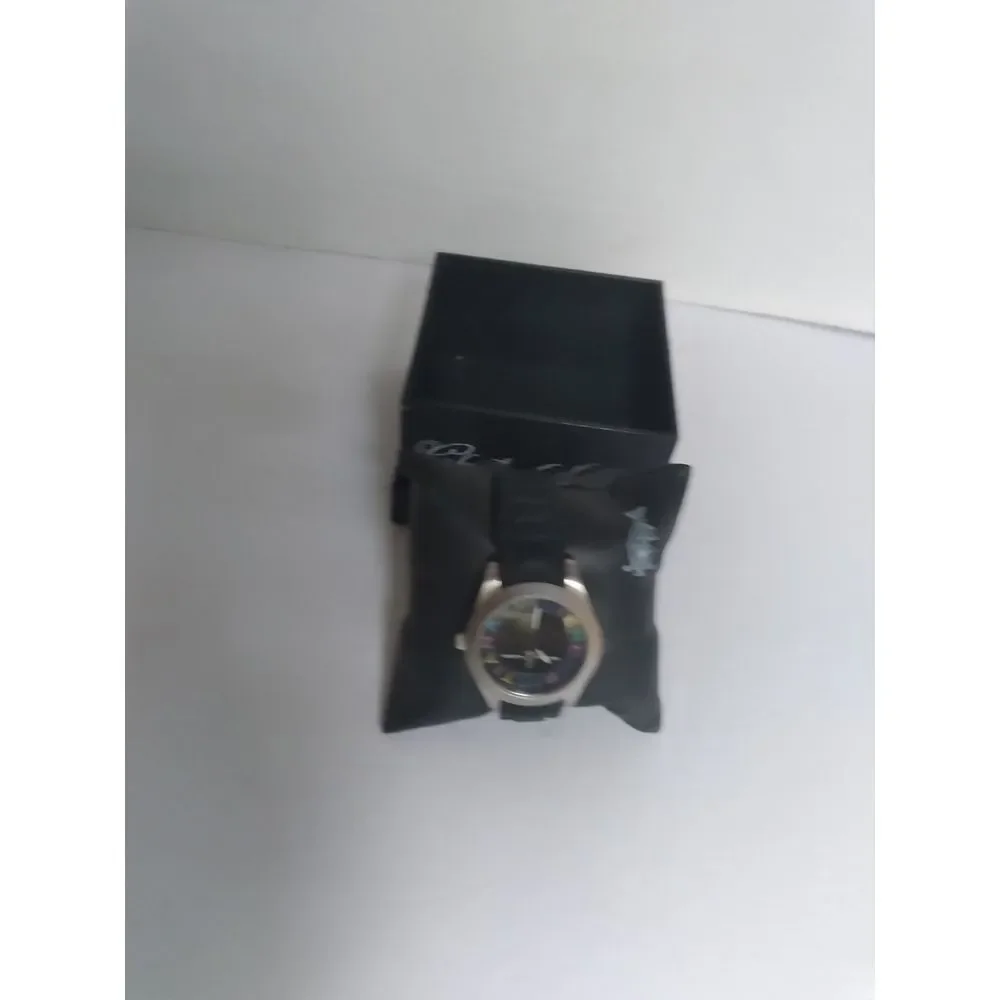 Christian Audigier Designer Watch Silver Case Black Leather Band Iridescent Face